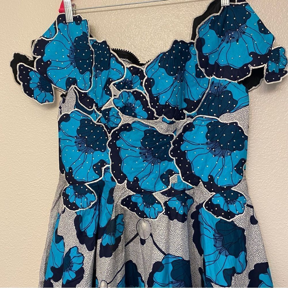 OOAK Custom Blue Floral Rhinestone Rockabilly Pin Up coquette Party Dress 12-14 - Picture 8 of 15